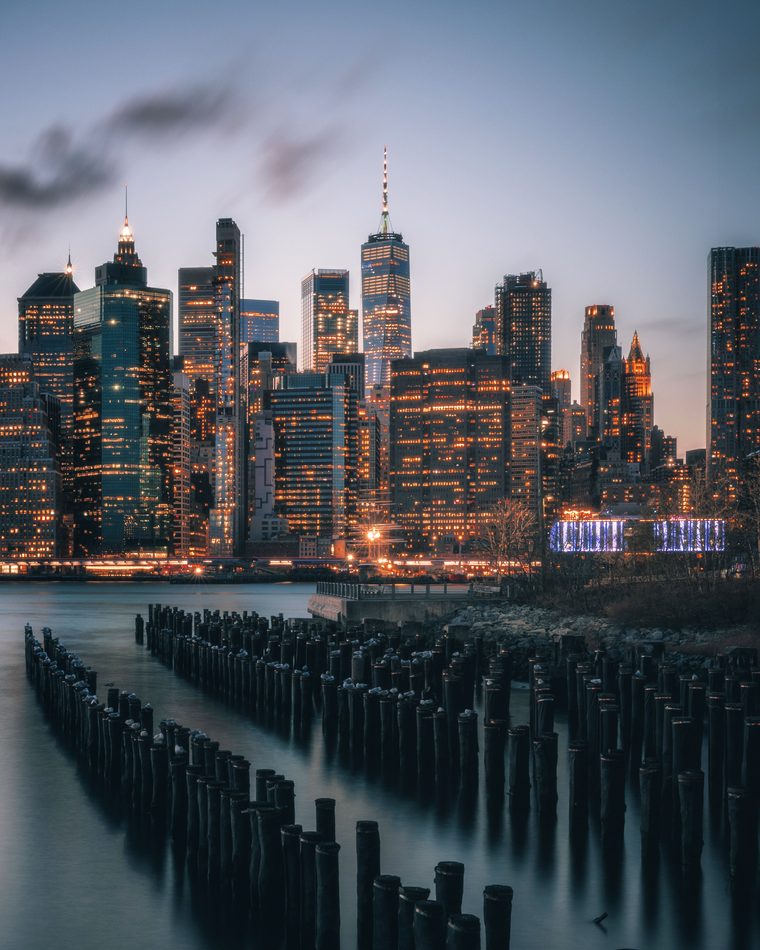 Lower Manhattan financial district skyscrapers at night